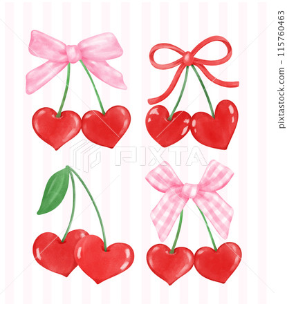 set of Retro Coquette Red Heart cherries with pink ribbon bow, aesthetic watercolor hand drawing collection 115760463