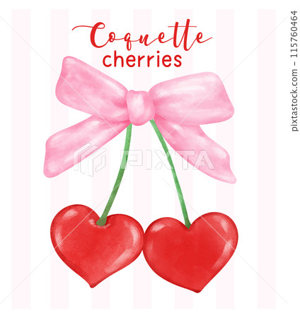 Trendy Red Coquette cherries in heart shape with ribbon bow, aesthetic watercolor hand drawing 115760464