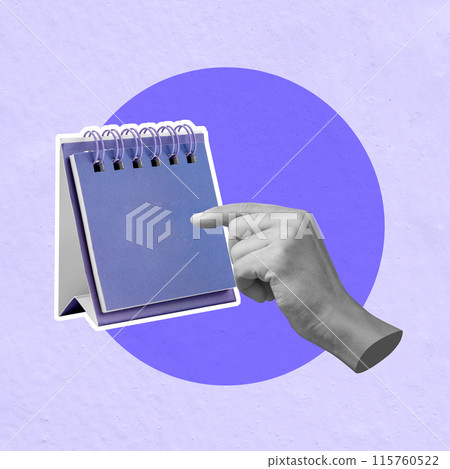 Hand pointing at blank calendar on minimalist purple background 115760522