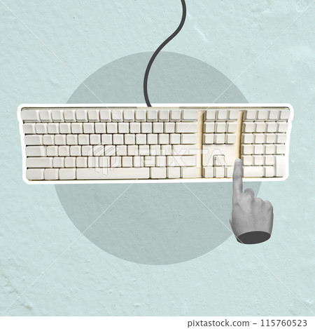 Hand pressing enter key on white keyboard on blue background 115760523