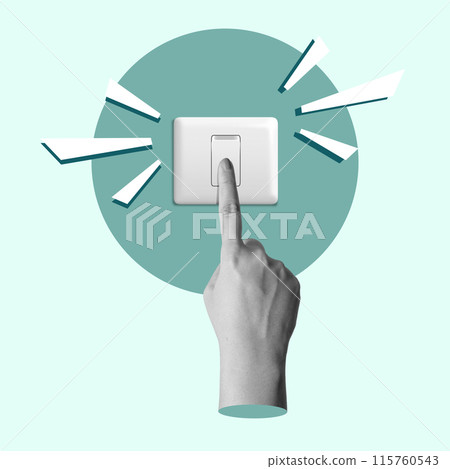 A human hand presses a switch button 115760543