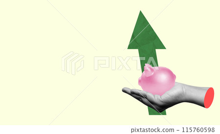 A human hand holding a piggy bank with an increased graph arrow A human hand holding a piggy bank with an increased graph arrow 115760598