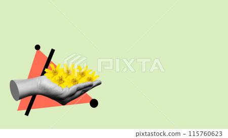 A human hand holding a bunch of yellow flower petals A human hand holding a bunch of yellow flower petals 115760623