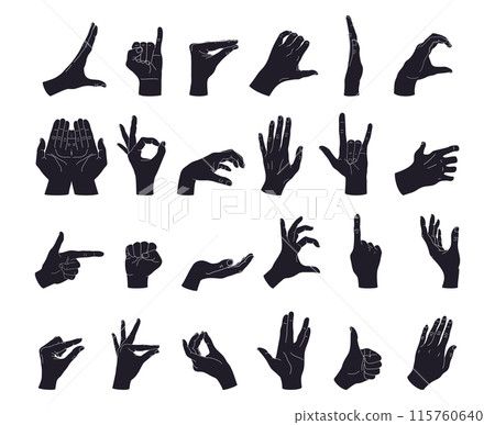 Set of different hand gestures silhouettes. Gesturing like okay sign, thumb up, pointing finger, making heart, holding hands. Vector illustration 115760640