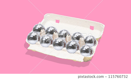 Contemporary art collage. Nightclub Nest. Shiny, festive disco balls sitting inside container for eggs against pink background. Contemporary art collage. Nightclub Nest. Shiny, festive disco balls sitting inside container for eggs against pink background. 115760732