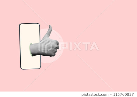 A human hand showing thumb up gesture through a mobile phone screen A human hand showing thumb up gesture through a mobile phone screen 115760837