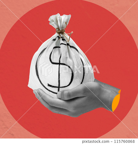 A human hand shows a money bag with a dollar sign A human hand shows a money bag with a dollar sign 115760868