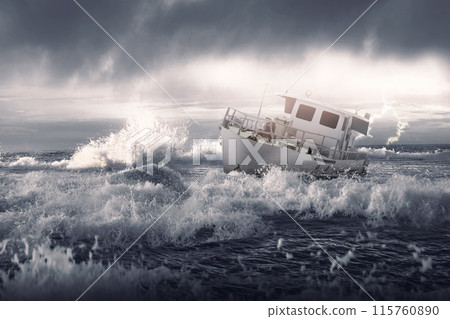 A boat is in the water and is being pushed by the waves 115760890