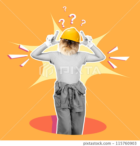 Confused construction worker with cat head holding up hands wearing hard hat and safety gloves, occupational hazard concept 115760903