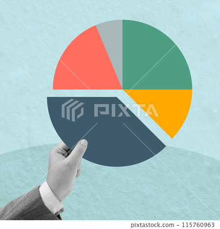 A hand holding a pie chart with different colored slices A hand holding a pie chart with different colored slices 115760963