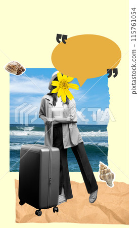 Portrait of a woman with a flower head carrying a suitcase 115761054