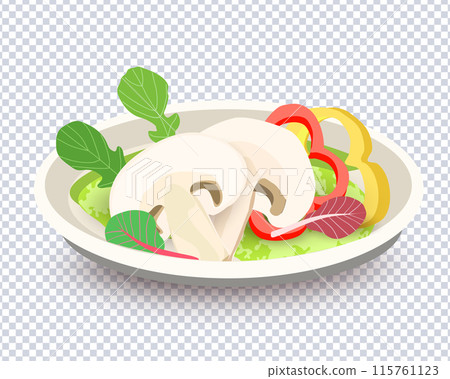 Sliced mushrooms, vegetables, greens on plate Sliced mushrooms, vegetables, greens on plate 115761123
