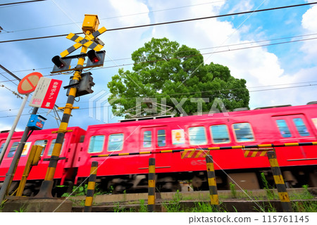 A Nagoya Railroad train passing through a railroad crossing in front of Zuisenji Temple in Inuyama City, Aichi Prefecture 115761145
