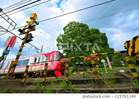 A Nagoya Railroad train passing through a railroad crossing in front of Zuisenji Temple in Inuyama City, Aichi Prefecture A Nagoya Railroad train passing through a railroad crossing in front of Zuisenji Temple in Inuyama City, Aichi Prefecture 115761149
