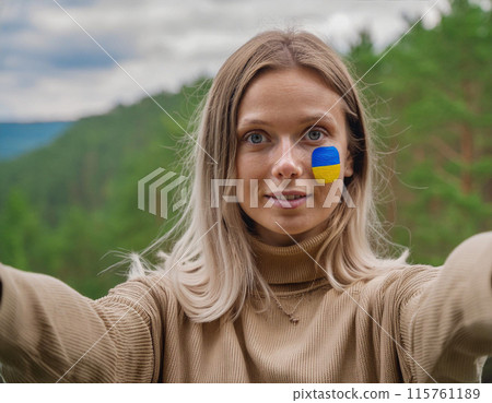 Patriotic Portrait with Ukrainian Flag Face Paint Patriotic Portrait with Ukrainian Flag Face Paint 115761189