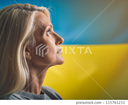 Patriotic Portrait with Ukrainian Flag Background Patriotic Portrait with Ukrainian Flag Background 115761231