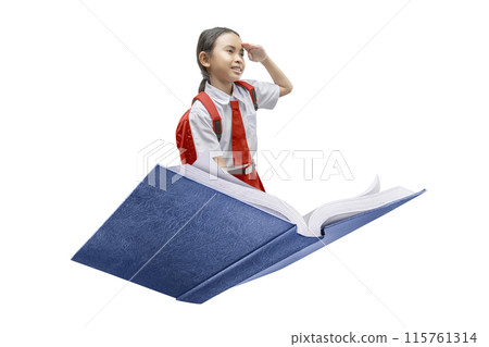 Smiling school girl looking into the distance while riding a flying book 115761314