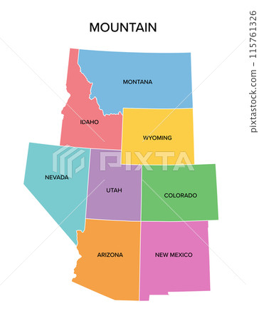 Mountain states, multi colored political map. United States Census division of the West region, consisting of the states Arizona, Colorado, Idaho, Montana, Nevada, New Mexico, Utah, and Wyoming. 115761326