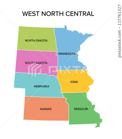 West North Central states, multi colored political map. United States Census division of the Midwest region consisting of Iowa, Kansas, Minnesota, Missouri, Nebraska, North Dakota, and South Dakota. 115761327