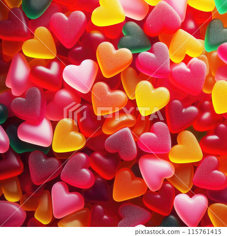 Colorful gummy heart candies close-up, vibrant sugary texture, confectionery love concept Colorful gummy heart candies close-up, vibrant sugary texture, confectionery love concept 115761415