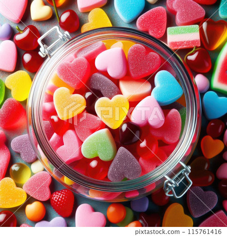 Colorful gummy heart candies close-up, vibrant sugary texture, confectionery love concept 115761416
