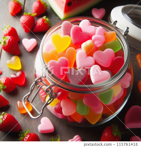 Colorful gummy heart candies close-up, vibrant sugary texture, confectionery love concept Colorful gummy heart candies close-up, vibrant sugary texture, confectionery love concept 115761418