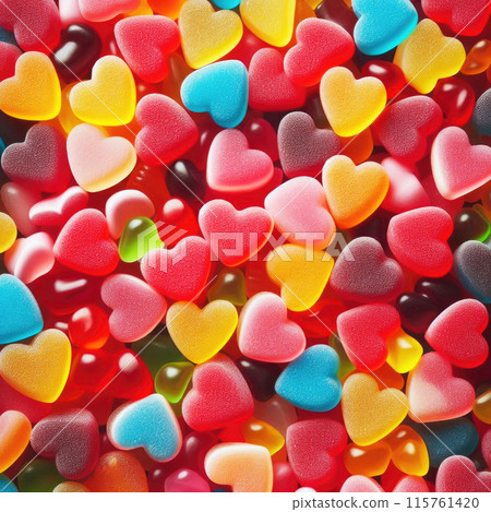 Colorful gummy heart candies close-up, vibrant sugary texture, confectionery love concept 115761420