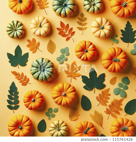 Seamless pattern of autumn pumpkins and leaves. Multicolored autumn harvest in yellow and orange colors. 115761426