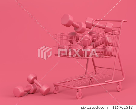 Sport equipment like dumbbell for fitness in shopping cart on monochrome 115761518