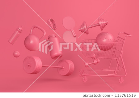 Sport equipment for fitness, gym in shopping cart on monochrome 115761519