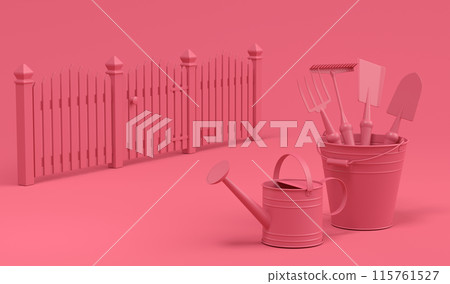 Watering can with garden tools like shovel, rake and fork on monochrome 115761527