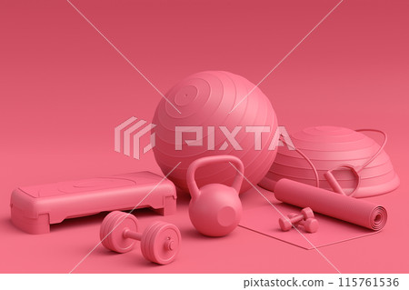 Isometric view of sport equipment like kettlebell, fitness ball and yoga mat Isometric view of sport equipment like kettlebell, fitness ball and yoga mat 115761536