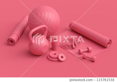 Isometric view of sport equipment like kettlebell, fitness ball and yoga mat Isometric view of sport equipment like kettlebell, fitness ball and yoga mat 115761538