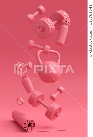 Isometric view of sport equipment like kettlebell, dumbbell and smart watches Isometric view of sport equipment like kettlebell, dumbbell and smart watches 115761541