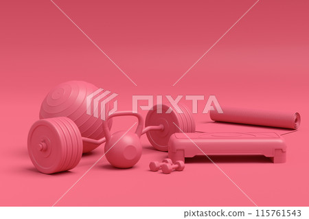 Isometric view of sport equipment like kettlebell, fitness ball and yoga mat Isometric view of sport equipment like kettlebell, fitness ball and yoga mat 115761543