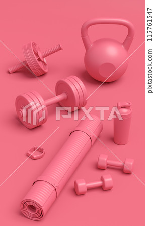 Isometric view of sport equipment like kettlebell, dumbbell and smart watches Isometric view of sport equipment like kettlebell, dumbbell and smart watches 115761547