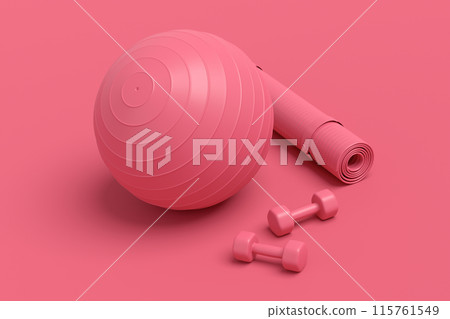 Isometric view of sport equipment like kettlebell, fitness ball and yoga mat Isometric view of sport equipment like kettlebell, fitness ball and yoga mat 115761549