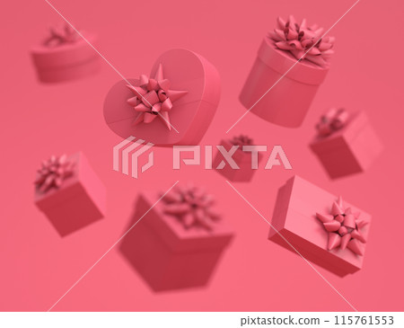 Gift boxes with ribbon and bow for Christmas flying and falling on monochrome Gift boxes with ribbon and bow for Christmas flying and falling on monochrome 115761553