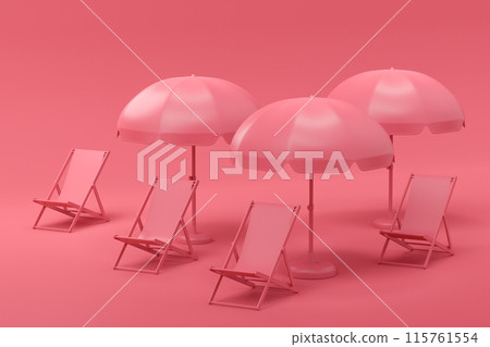 Beach chair with umbrella in a row on monochrome background. Beach chair with umbrella in a row on monochrome background. 115761554