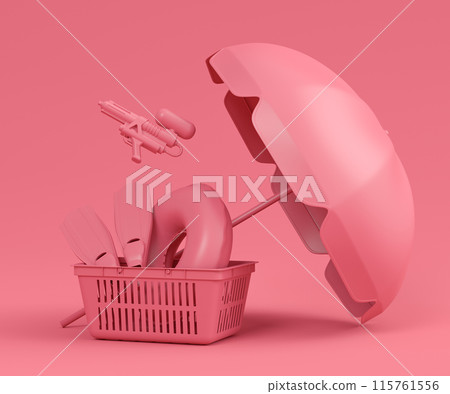 Colorful luggage with beach accessories and shopping basket on monochrome Colorful luggage with beach accessories and shopping basket on monochrome 115761556