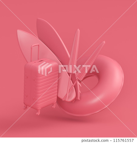 Colorful surfboard, beach ring, umbrellas and scuba mask on monochrome. 115761557