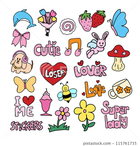 Kid drawing styles of puppy, dolphin, strawberry, mushroom, butterfly, bee, flower, mug souvenir, bunny, ice cream sundae, LOSER letters fruits, dessert, heart, flowers for animal, toy, summer icons 115761735