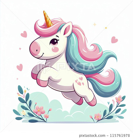 Cute cartoon happy magic unicorn with rainbow on a white background. 115761978