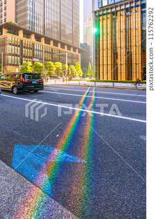 Tokyo cityscape in Japan: A rainbow on the sidewalk in front of the "Otemachi Station" intersection... Tokyo cityscape in Japan: A rainbow on the sidewalk in front of the "Otemachi Station" intersection... 115762292