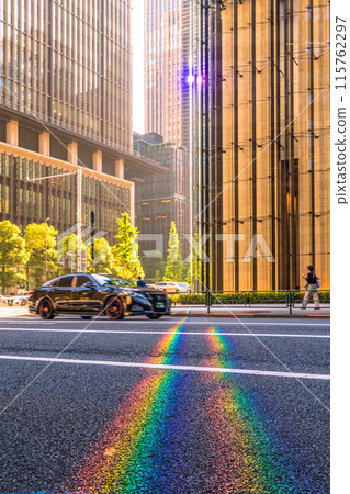 Tokyo cityscape in Japan: A rainbow on the sidewalk in front of the "Otemachi Station" intersection... 115762297