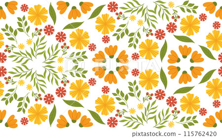 Spring pattern with flowers and leaves in a hand-drawn vector style. Perfect for children's items, textiles, packaging, and decorative elements 115762420