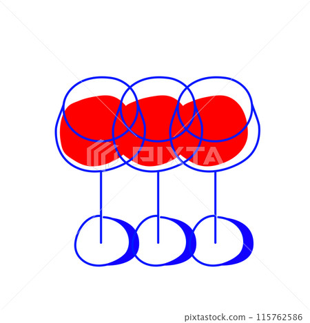 Creative minimal design. Colorful birthday party scene. Three glasses with red wine isolated on white background. Creative minimal design. Colorful birthday party scene. Three glasses with red wine isolated on white background. 115762586