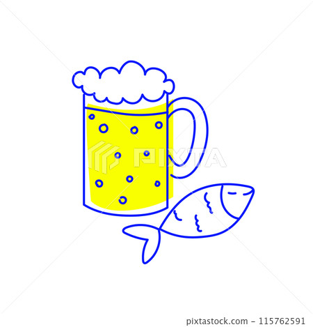 Creative minimal design. Beer mug in cartoon style with fish. Isolated on white background. Matching drink and food 115762591