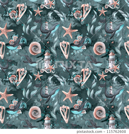 Whales, lighthouse, shells, anchors, seaweed and starfish on the background of water spots and splashes. Watercolor illustration. Seamless pattern from a large collection of WHALES 115762608
