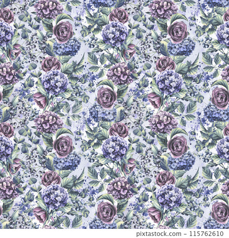 Hydrangea flowers, roses with leaves, eucalyptus branches and decorative berries on the background of watercolor washes. Illustration, seamless pattern from the WEDDING FLOWERS collection Hydrangea flowers, roses with leaves, eucalyptus branches and decorative berries on the background of watercolor washes. Illustration, seamless pattern from the WEDDING FLOWERS collection 115762610